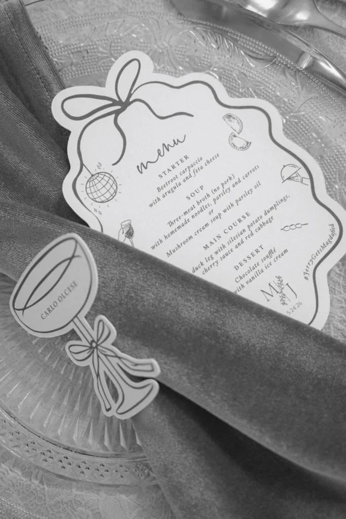 Ilustrowane menu weselne na serwetce